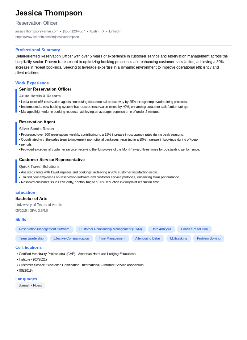 Reservation Officer Resume Example