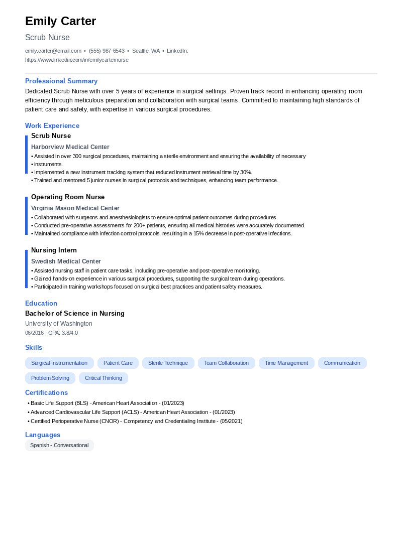 Scrub Nurse Resume Example