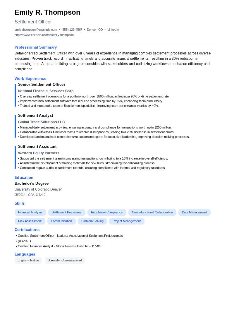 Settlement Officer Resume Example