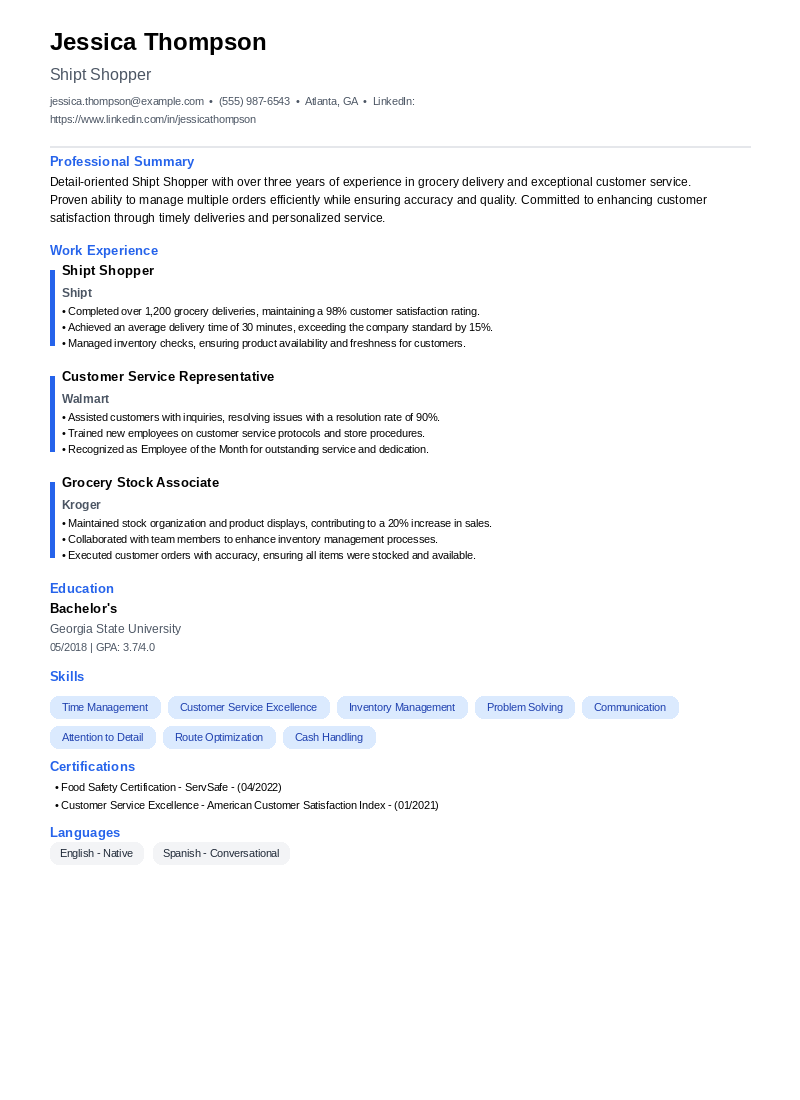 Shipt Shopper Resume Example