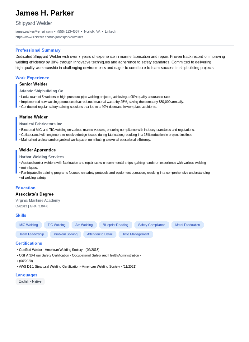 Shipyard Welder Resume Example