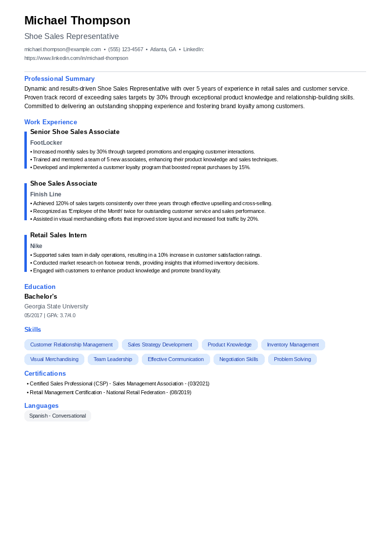Shoe Sales Representative Resume Example