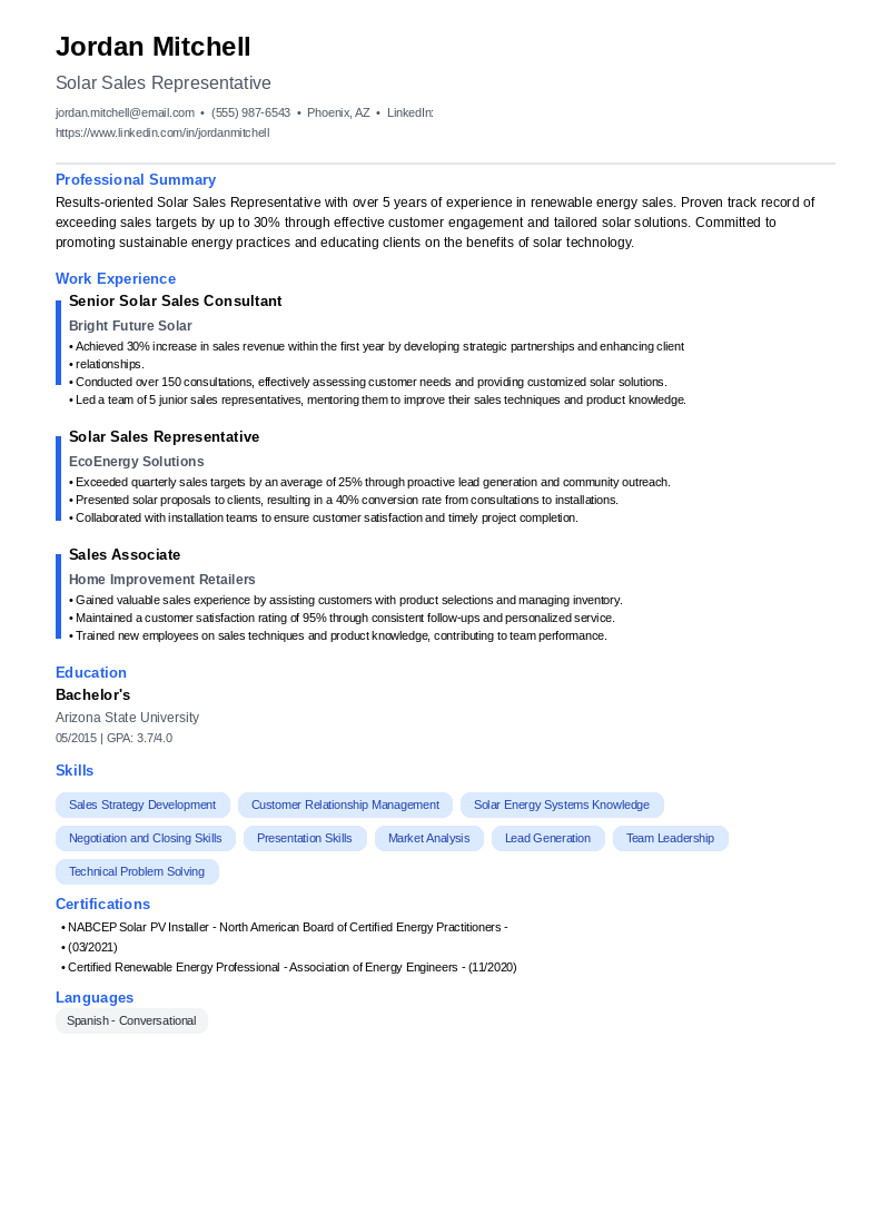 Solar Sales Representative Resume Example