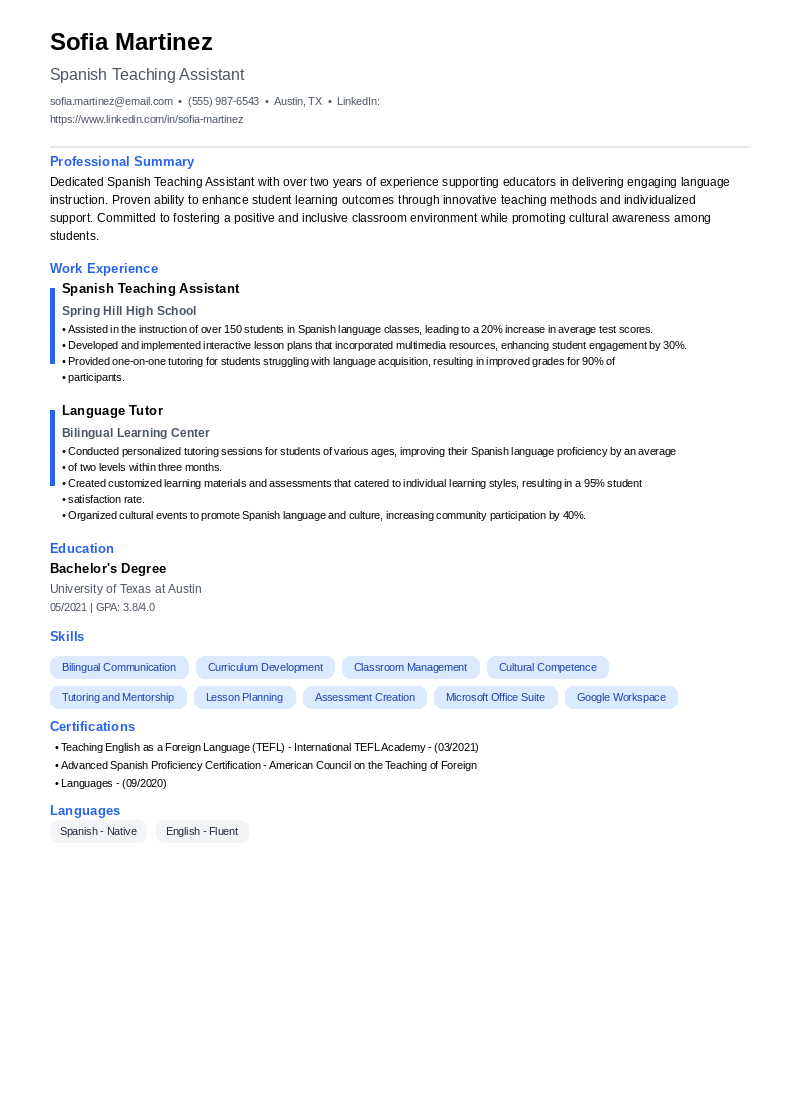 Spanish Teaching Assistant Resume Example