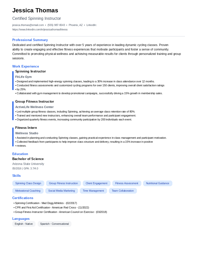 Spinning Instructor Resume Example