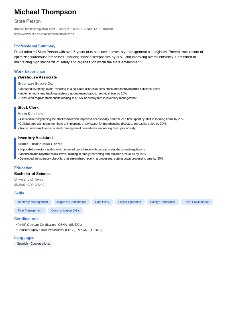 Store Person Resume Example