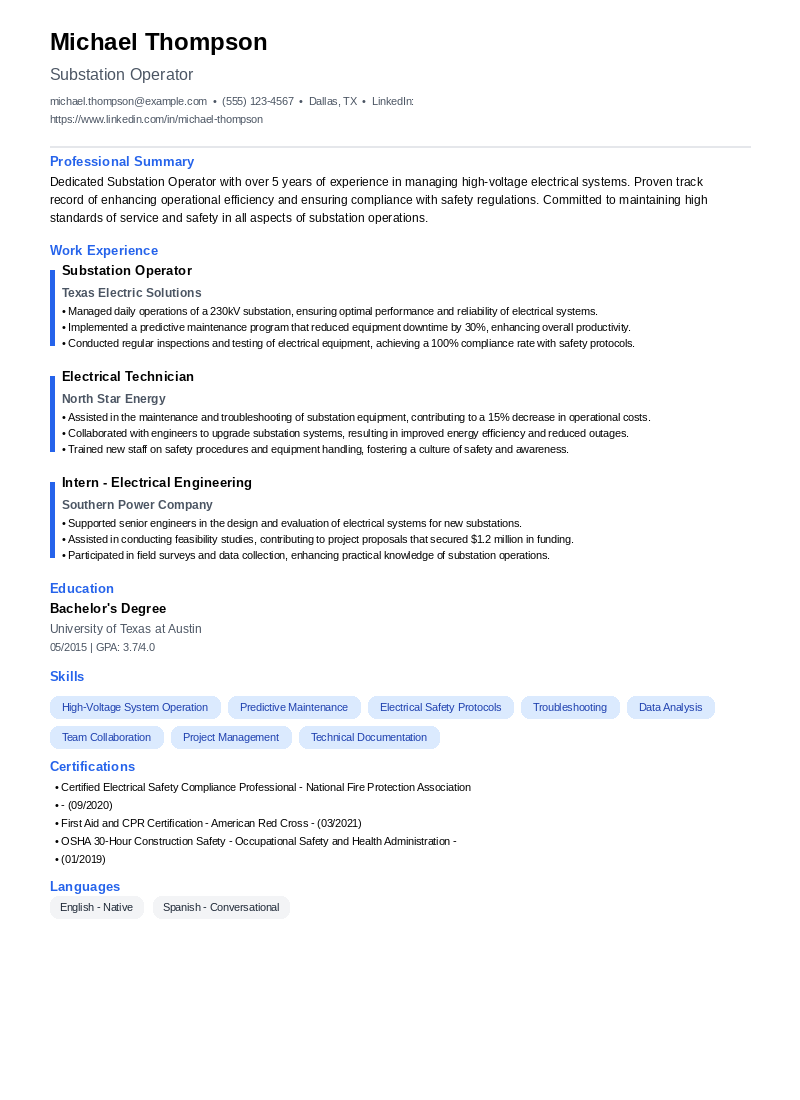 Substation Operator Resume Example