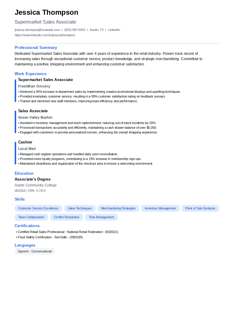 Supermarket Sales Associate Resume Example