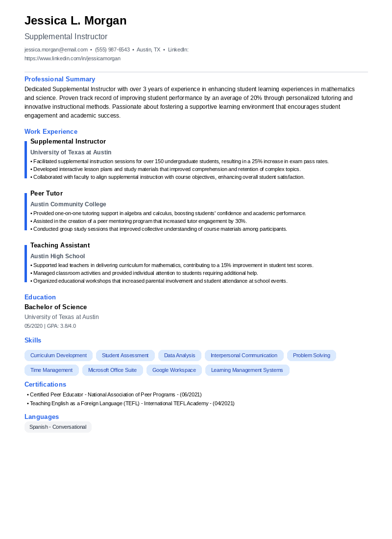 Supplemental Instructor Resume Example
