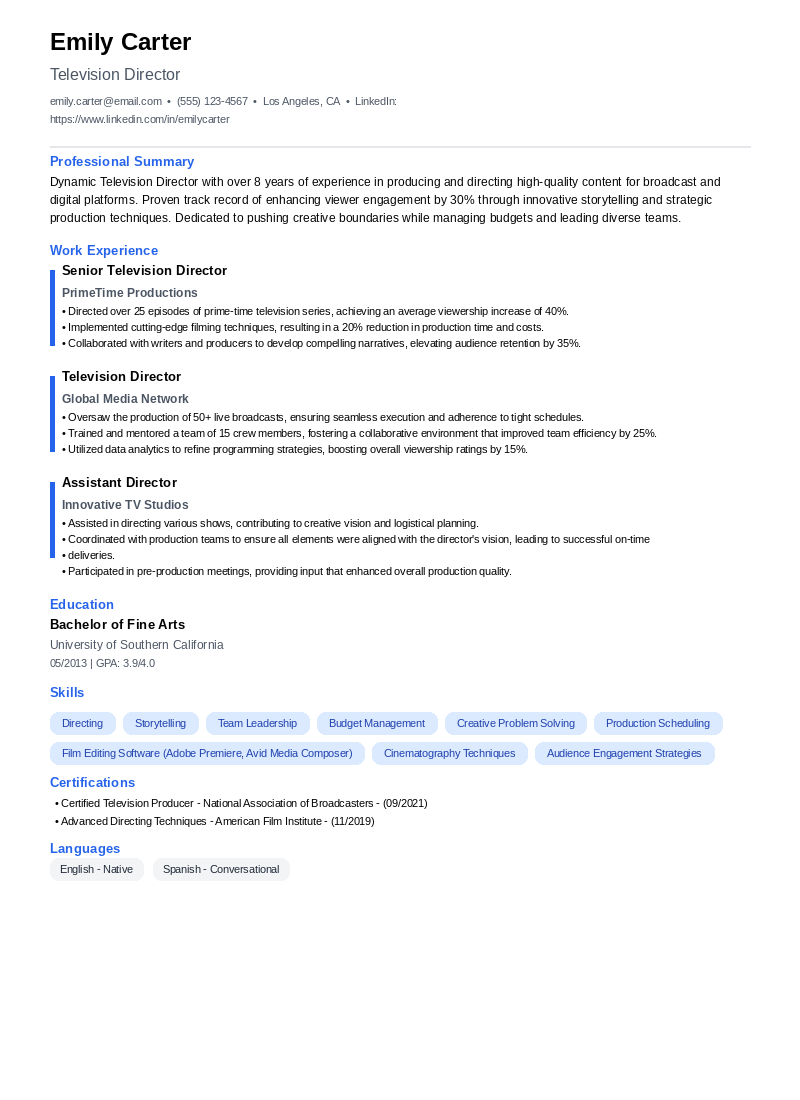 Television Director Resume Example