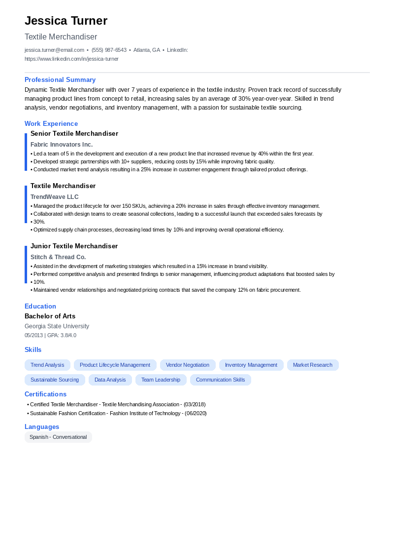 Textile Merchandiser Resume Example