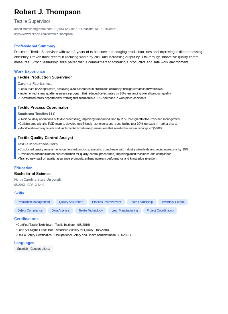 Textile Supervisor Resume Example