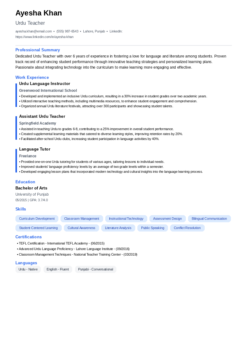 Urdu Teacher Resume Example