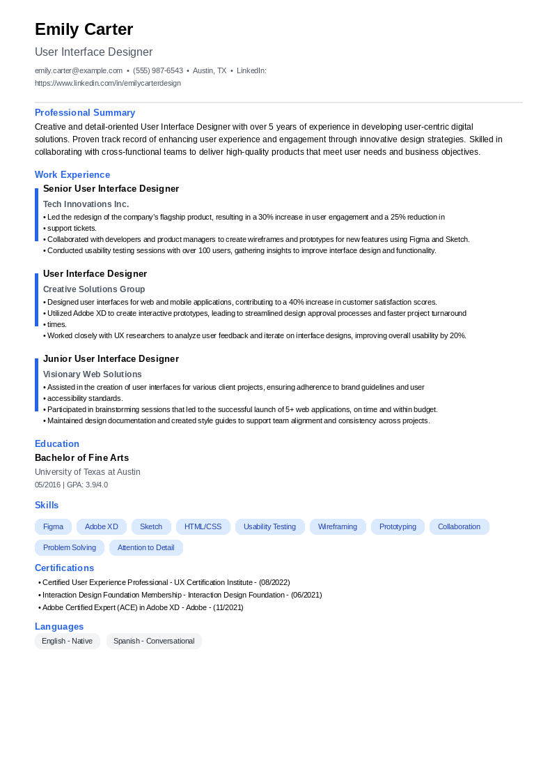 User Interface Designer Resume Example