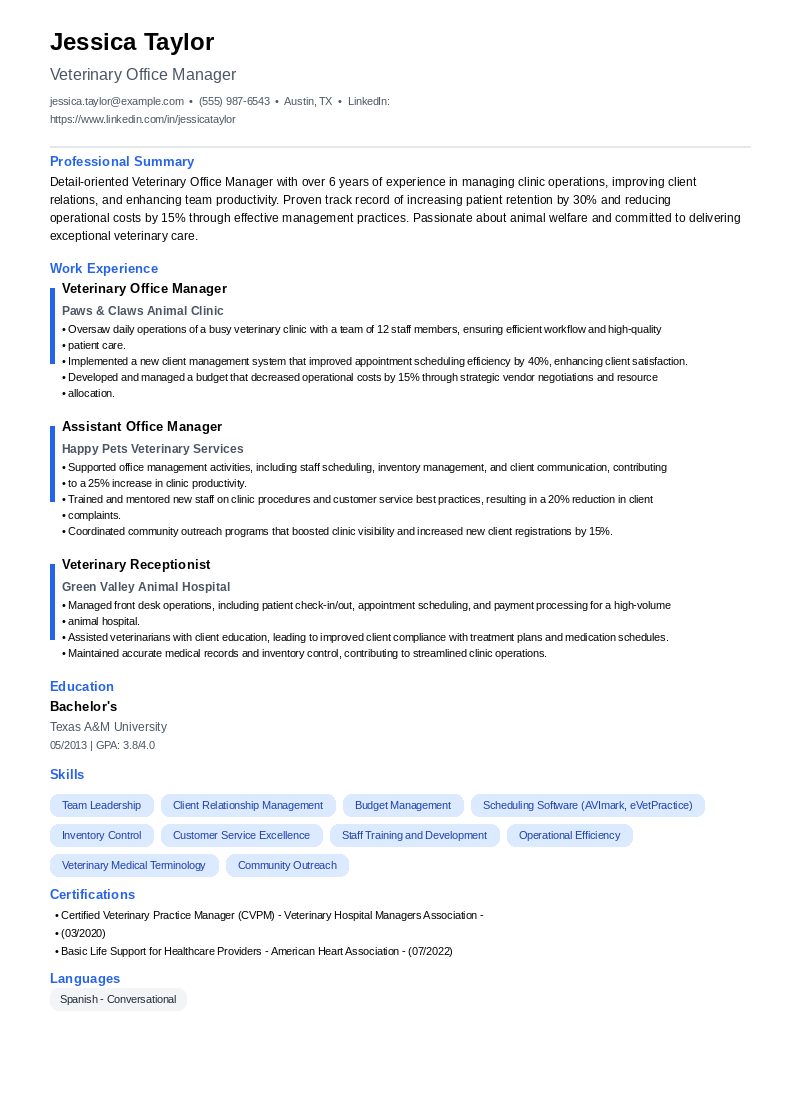 Veterinary Office Manager Resume Example