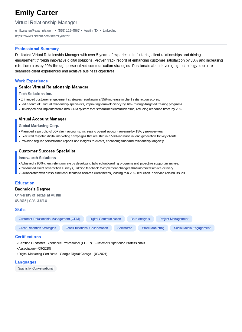 Virtual Relationship Manager Resume Example