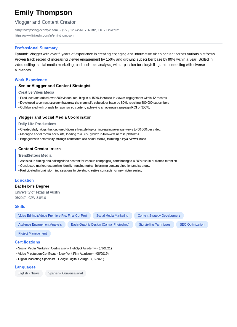 Vlogger Resume Example