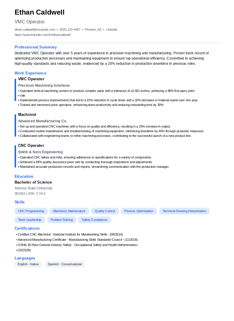 VMC Operator Resume Example