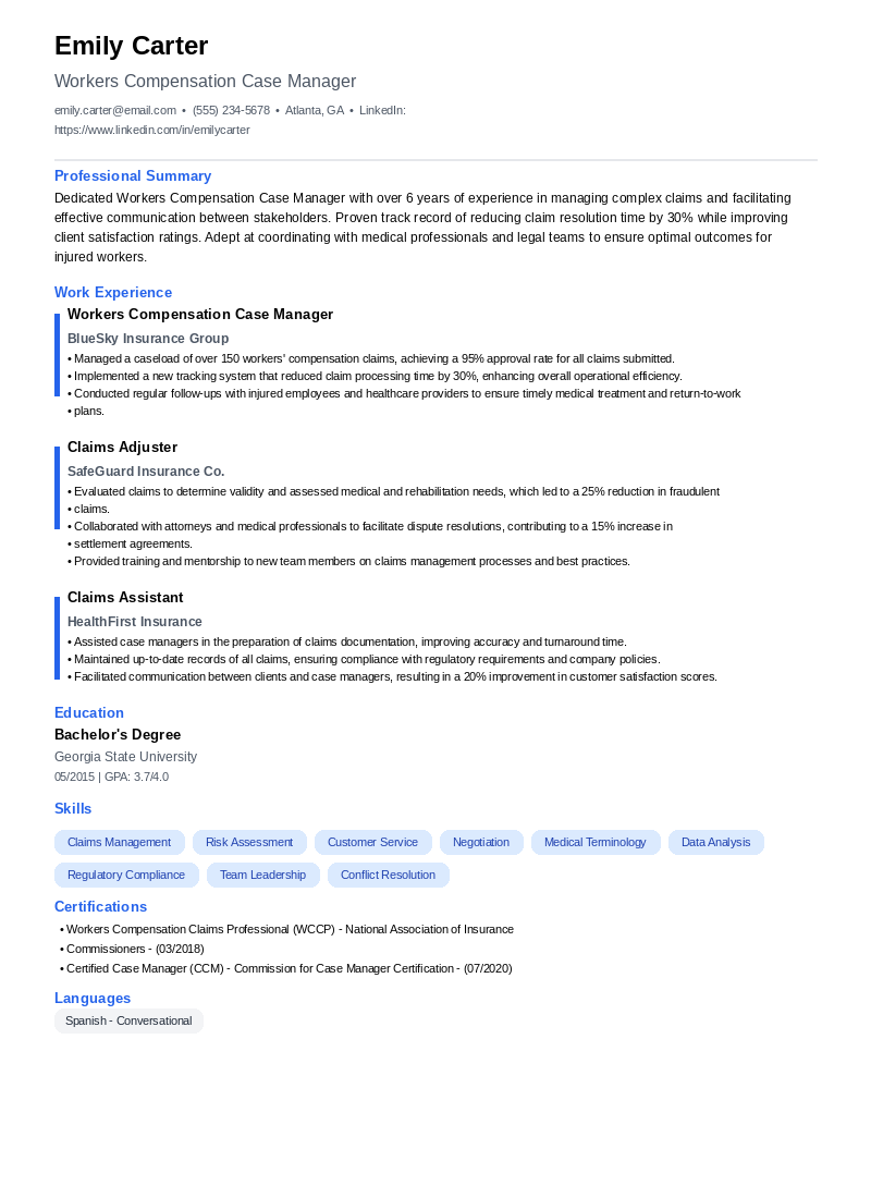 Workers Compensation Case Manager Resume Example