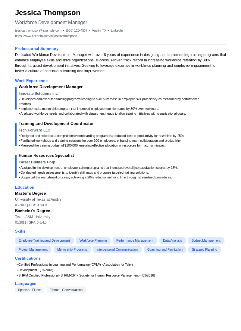 Workforce Development Manager Resume Example