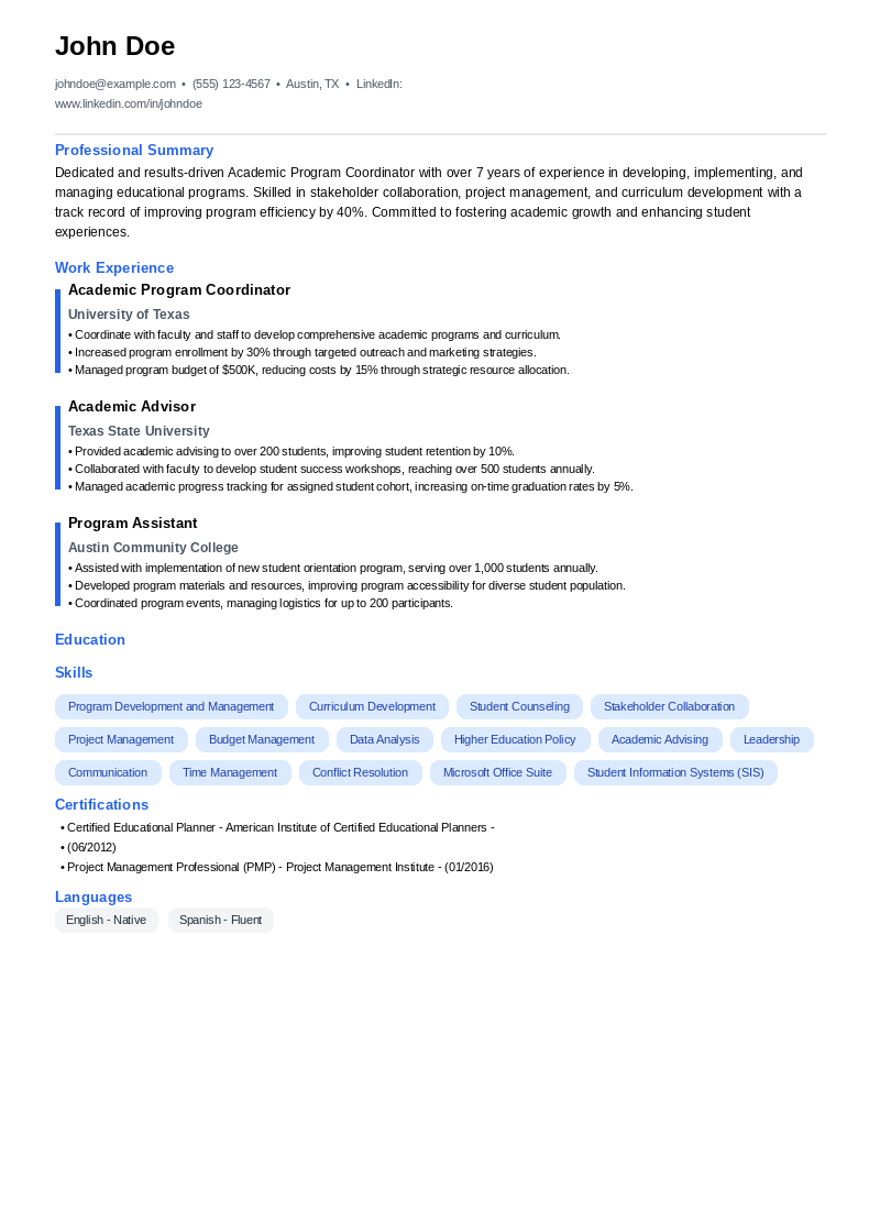 Academic Program Coordinator Resume Example