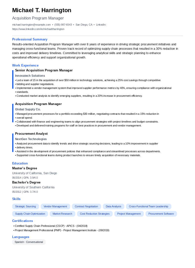 Acquisition Program Manager Resume Example