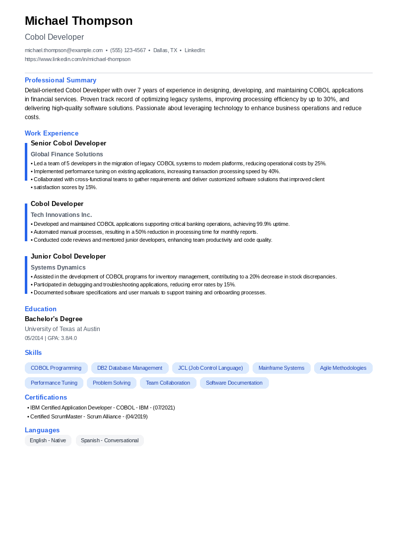 Cobol Developer Resume Example
