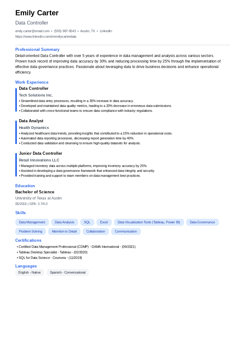 Data Controller Resume Example
