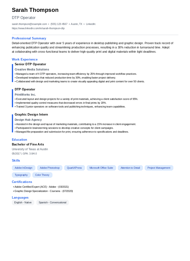 DTP Operator Resume Example