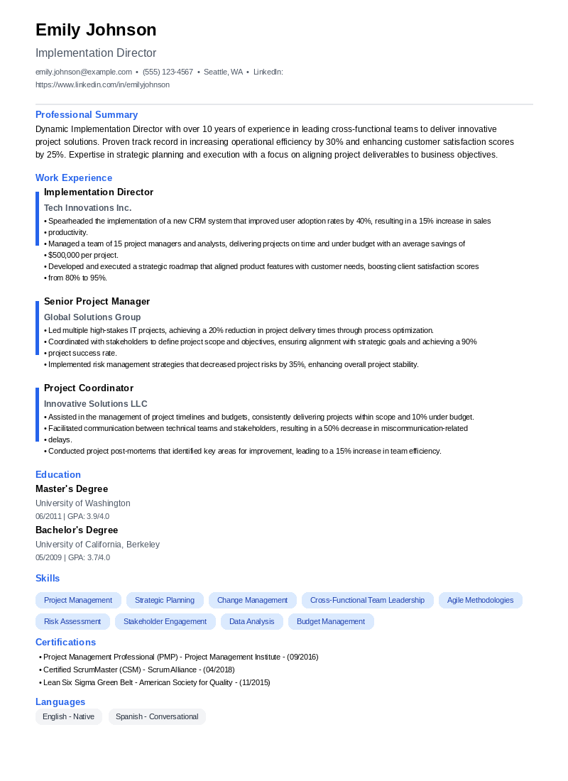 Implementation Director Resume Example
