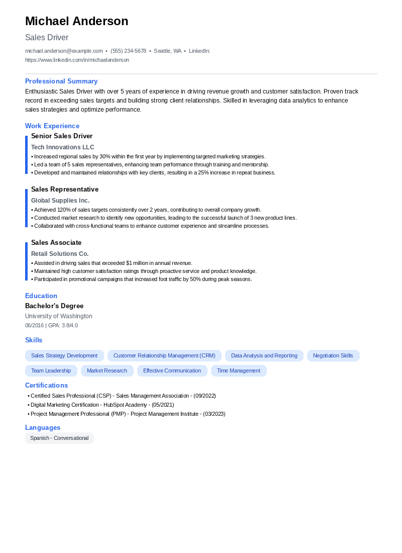 Sales Driver Resume Example
